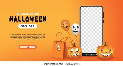 Halloween sale promotion banner with special occasion discount offer. cell phone delivery halloween.