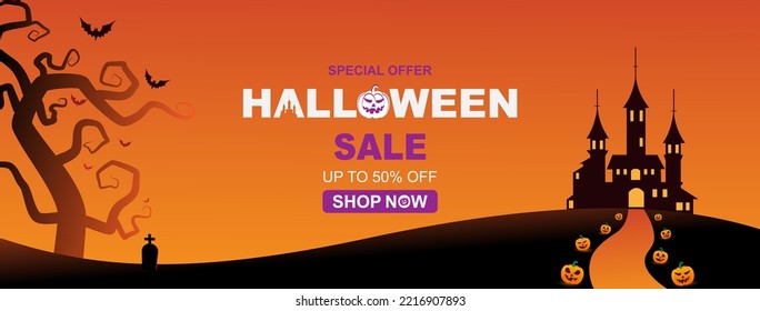 Halloween Sale Promotion banner or template with Halloween bat, castle group of Jack O Lantern pumpkin elements. Halloween web sale design,  sale message black gradient background. Vector illustration