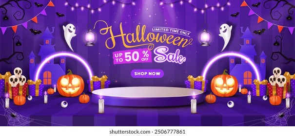 Plantilla de Anuncio de la promoción de la venta de Halloween con calabazas, velas, linternas, murciélagos. Perfecto para el Sitio web o el Anuncio con varios diseños de Elementos de Halloween.