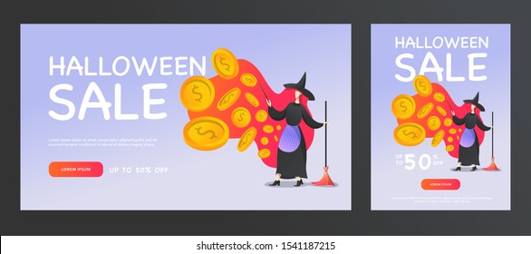 Halloween sale promotion banners with a witch, a magic wand and a broom that conjures coins. Vector flat illustration for web, poster flyers, ad, promotions, and social media marketing, 