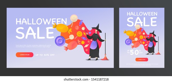 Halloween sale promotion banners with a witch, a magic wand and a broom that conjures sweets. Vector flat illustration for web, poster flyers, ad, promotions, and social media marketing, 