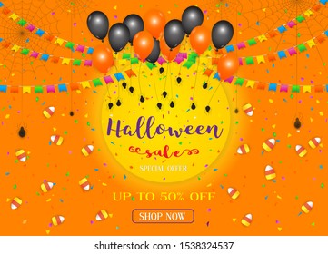 Halloween sale promotion with candy corn ,spider,spider web and  balloons on orange background. Banner or poster  template, special offer, discounts, holiday sale. Vector illustration.