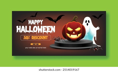 Plantilla de Anuncio Horizontal editable de la promoción de la venta de Halloween, Anuncio de Web de descuento de Halloween y Anuncio de medios sociales de Halloween, cubierta, diseño de encabezado para la promoción de la venta Fondo espeluznante de Halloween