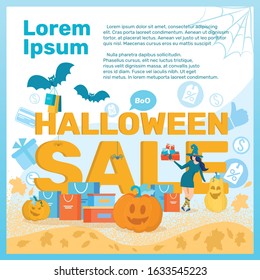 Halloween Sale Promotion Flat Cartoon Banner Vector Illustration. Pumpkins, Flying Bats with Shopping Bags, Spider, Woman in Witch Costume. Website Poster with Discounts and Boxes.