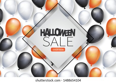Halloween sale promotion flyer or poster design. Website or social media advertisement template for 31 October celebration with white, black, and orange helium balloons and a square frame sign