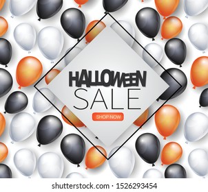 Halloween sale promotion flyer or poster design. Website or social media advertisement template for 31 october celebration with white, black, and orange helium balloons and a square frame sign