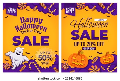 Halloween Sale Promotion  with ghost, pumpkin, and candy vector, happy halloween background for business retail promotion, banner, poster, social media, feed, invitation