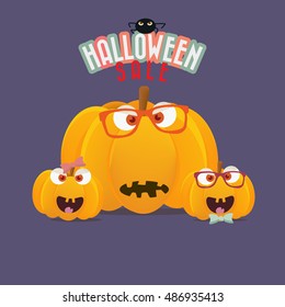 Halloween Sale Promotion Illustration with three anthropomorphic pumpkins. Small spider on a typographic text "Halloween Sale". One Big Adult and two happy children.
