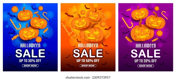 Halloween Sale Promotion with jack o lantern and candy vector, happy halloween background for business retail promotion, banner, poster, social media, feed, invitation
