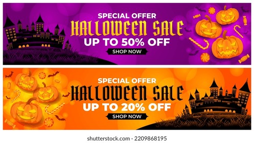 Promoción de venta de Halloween con jack o lantern, vector de castillo y caramelos, feliz halloween 2022 fondo para promoción comercial minorista, banner, afiche, medios sociales, feed, invitación