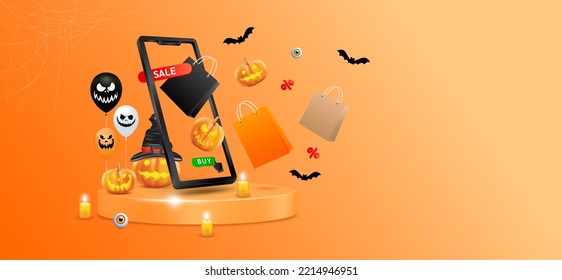 Halloween sale promotion online shopping on mobile. Bag and halloween pumpkins float away from smartphone on podium scene with ghost balloons. Banner template design for social media. 3D Vector.