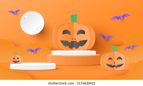 Halloween sale promotion. Podium platform to show product with focus to the table top in the foreground. Empty tabletop with pumpkin on orange background. Paper cut and craft style illustration