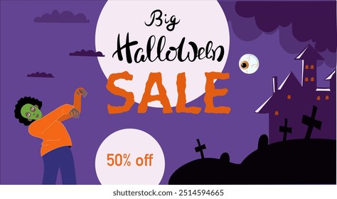 Halloween Sale Promotion Poster with Halloween advertising poster with a child dressed in a zombie costume against the background of a purple sky, a full moon, a cemetery. Vector illustration 