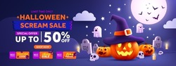 Halloween Sale Promotion Poster Or Banner Template.Halloween Night Seen With Big Moon, Pumpkin Ghost,Wizard Hat,cute Ghost,cartoon Skull And Halloween Elements. Website Spooky Or Banner Template