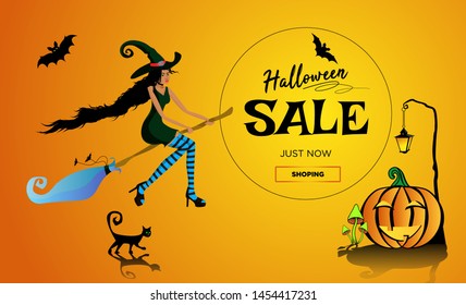 Halloween sale promotion poster, banner with a beautiful black witch flying on a broomstick, a black cat and a fun pumpkin. Glowing mushrooms and bats. Vector illustration orange gradient background