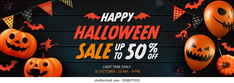 Halloween Sale Promotion Poster or banner with Halloween Ghost Balloons and Pumpkin.Scary air balloons,bat and Halloween Elements.Website spooky,Background or banner Halloween template.