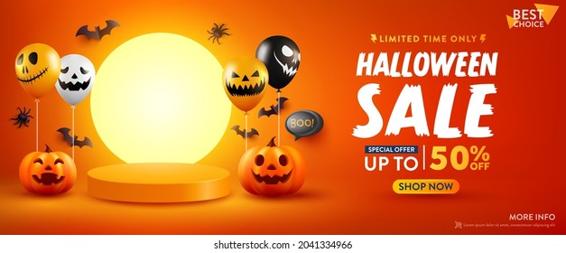 Halloween Sale Promotion Poster or banner with Halloween Pumpkin and Ghost Balloons.Scary air balloons with and Product podium scene.Website spooky,Background or banner Halloween template.