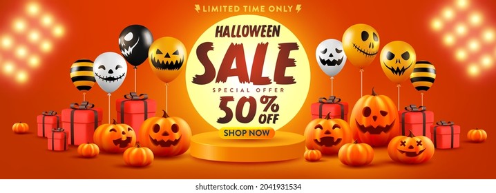 Halloween Sale Promotion Poster or banner with Halloween Pumpkin and Ghost Balloons.Scary air balloons with and Product podium scene.Website spooky,Background or banner Halloween template.