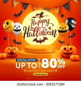 Afiche o banner promocional de venta de Halloween con calabaza de Halloween y globos fantasma.Globos de aire atemorizantes con escena de podio de producto.Plantilla de Halloween de espeluznante sitio web, fondo o banner.