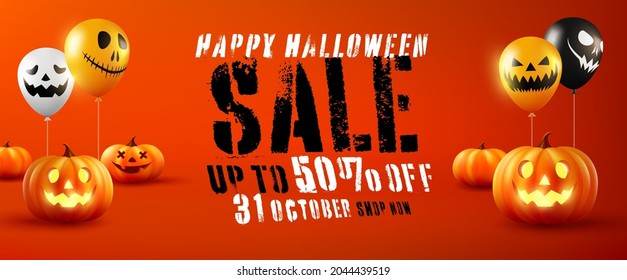 Halloween Sale Promotion Poster or banner with Halloween Pumpkin and Ghost Balloons.Scary air balloons and Pumpkin on Orange background.Website spooky,Background or banner Halloween template.