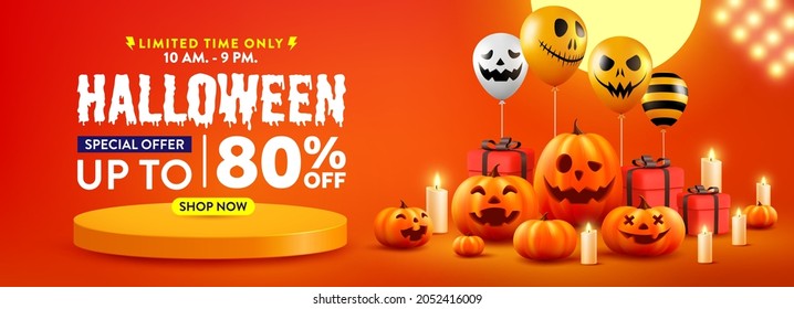 Halloween Sale Promotion Poster or banner with Halloween Pumpkin and Ghost Balloons.Scary air balloons with Product podium scene.Website spooky,Background or banner Halloween template.