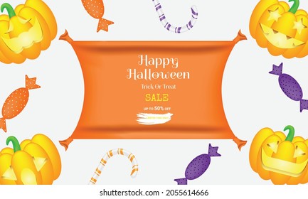 Halloween Sale Promotion Poster or banner with Halloween Pumpkin and Ghost Balloons with vector fabric orange banner. Happy Halloween background with halloween elements, funny pumkins and candies.