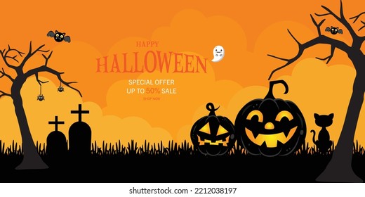 Halloween Sale Promotion Poster or banner with spooky flying ghosts, spiders,bats and scary pumpkins