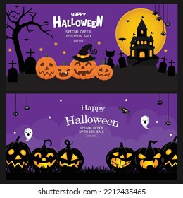 Halloween Sale Promotion Poster or banner with spooky flying ghosts, spiders,bats and scary pumpkins