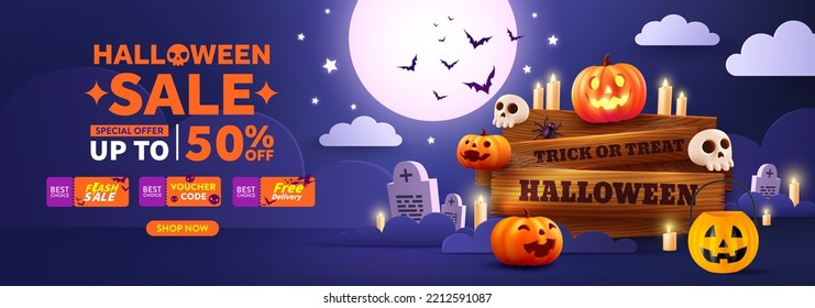 Cartel de promoción de venta de Halloween o plantilla de pancarta. Noche de Halloween vista con Gran Luna, calabazas de Halloween, vieja tabla de madera y cráneo. Plantilla de portada o de banner del sitio web.Ilustración vectorial eps 10