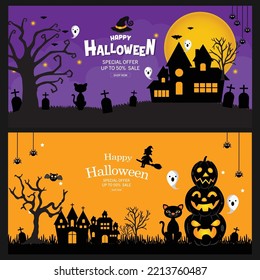 Halloween Sale Promotion Poster or banner with spooky flying ghosts, spiders,bats and scary pumpkins