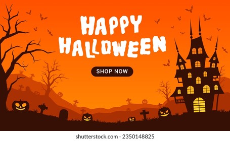 Halloween Sale Promotion Poster or banner with Halloween 
castle pumpkin.Website spooky or banner template.Vector illustration EPS10