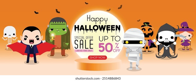 Halloween sale promotion poster or banner template with group of kids in Halloween monster costume. Website spooky or banner template. Vector illustration.