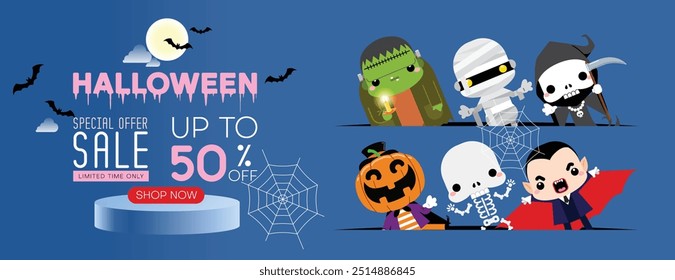 Halloween sale promotion poster or banner template with group of kids in Halloween monster costume. Website spooky or banner template. Vector illustration.
