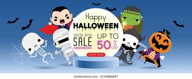Halloween sale promotion poster or banner template with group of kids in Halloween monster costume. Website spooky or banner template. Vector illustration.