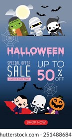 Cartaz de promoção de venda de Halloween ou modelo de banner com grupo de crianças em fantasia de monstro de Halloween. Modelo de site assustador ou banner. Ilustração vetorial.