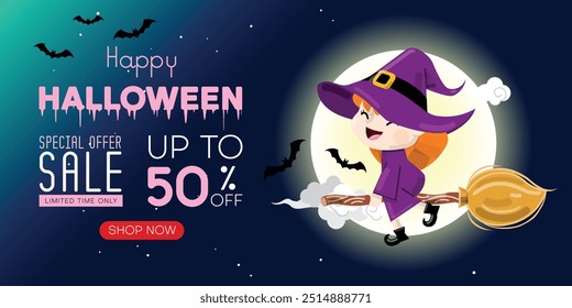 Cartaz de promoção de venda de Halloween ou modelo de banner com bruxa de desenho animado bonito voando na vassoura contra luz da lua cheia, bruxo vestindo fantasia. Céu noturno com estrelas e lua. Ilustração vetorial.