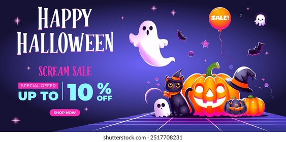 Halloween Sale Promotion Poster. Halloween sale banner with ghost, balloons and pumpkin. Happy Halloween holiday flyer. Website spooky, background Halloween template. Spooky festive flyer discount. 10