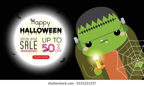 Cartel de la promoción de la venta de Halloween o Plantilla de Anuncio con el carácter verde de Frankenstein y la luna llena. Sitio web espeluznante o Plantilla de Anuncio. Ilustración vectorial.