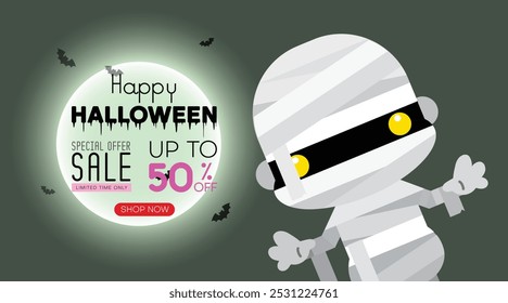 Halloween sale promotion poster or banner template with scary mummy character and full moon. Website spooky or banner template. Vector illustration.