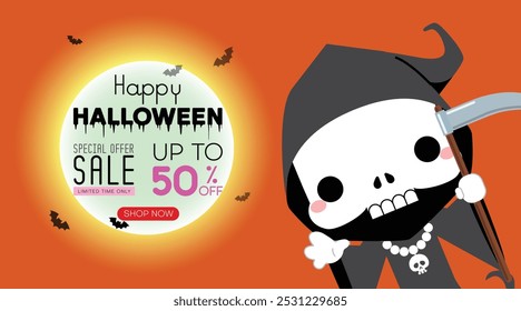 Halloween sale promotion poster or banner template with grim reaper character robed in black and carries a large scythe and full moon. Website spooky or banner template. Vector illustration.