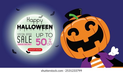 Halloween sale promotion poster or banner template with cute little pumpkin  character and full moon. Website spooky or banner template. Vector illustration.