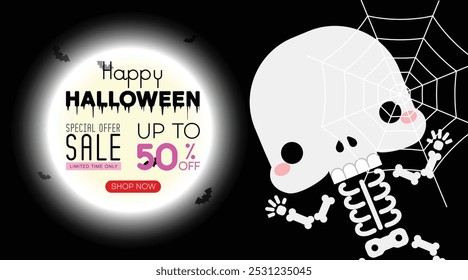 Halloween sale promotion poster or banner template with skeleton character and full moon. Website spooky or banner template. Vector illustration.