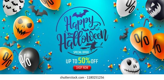 Halloween Sale Promotion Poster with Halloween candy and Halloween Ghost Balloons on blue background.Scary air balloons.Website spooky or banner  template.Vector illustration EPS10