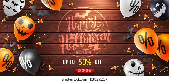 Halloween Sale Promotion Poster with candy and Halloween Ghost Balloons on vintage wooden board.Scary air balloons on wood background.Website spooky or banner  template.Vector illustration EPS10