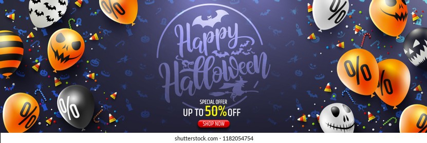 Halloween Sale Promotion Poster With Halloween Candy And Halloween Ghost Balloons.Scary Air Balloons.Website Spooky Or Banner Template.Vector Illustration EPS10