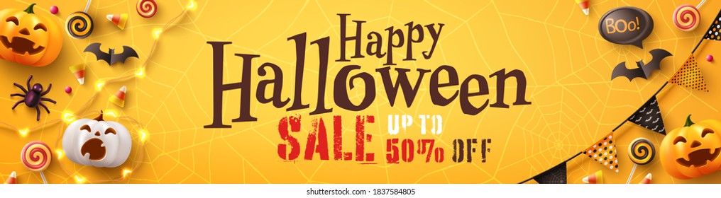 Halloween Sale Promotion Poster with halloween elements  on yellow background.Website spooky or banner template