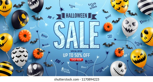 Halloween Sale Promotion Poster with Halloween Ghost Balloons.Scary air balloons.Website spooky,Background or banner Halloween template.Vector illustration EPS10