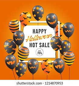 	
Halloween Sale Promotion Poster with  Halloween Ghost Balloons on Orange background.Scary air balloons. Spooky or banner template.Vector illustration Design