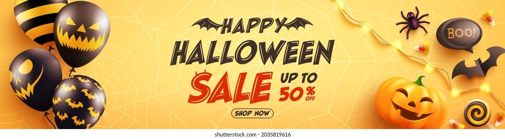 Halloween Sale Promotion Poster with Halloween Ghost Balloons and Pumpkin.Scary air balloons,bat,candy and Halloween Elements on yellow background. Website spooky,Background Halloween template.