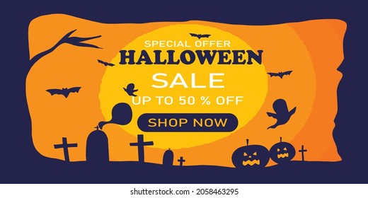 Halloween Sale Promotion Poster with Halloween.Halloween hand drawn horizontal sale banner, flyer, poster template. Traditional halloween symbols: haunted house, ghost, bat, cemetery and handwritten